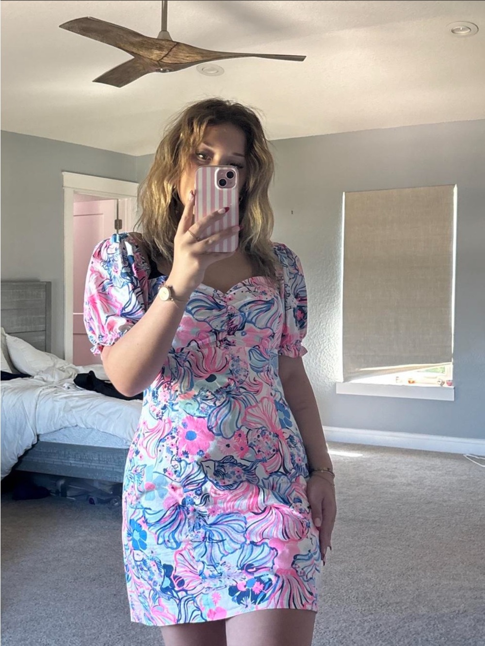 Lilly Pulitzer Pink and Blue Floral Sweetheart Midi Dress
